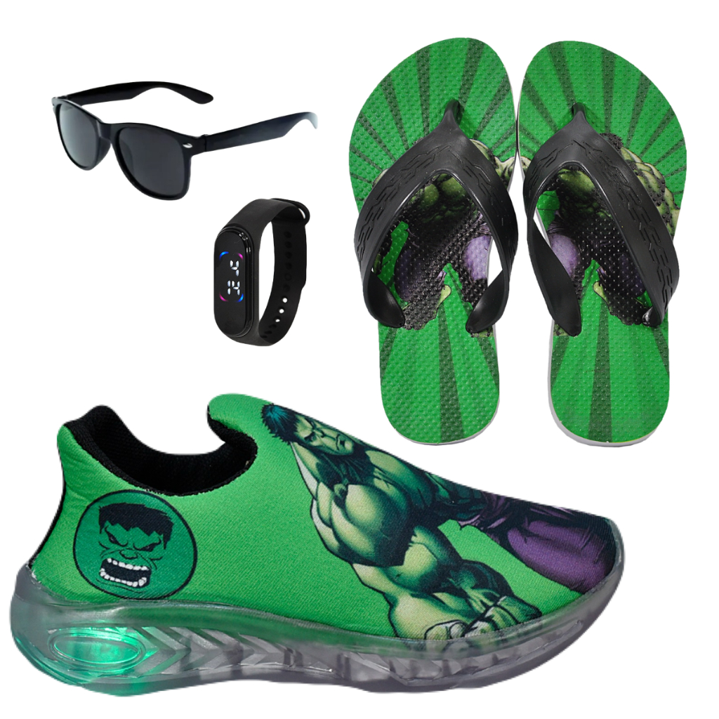 Tênis Infantil Masculino Led Slip On Hulk Homem Aranha Sonic + Chinelo Relógio Óculos