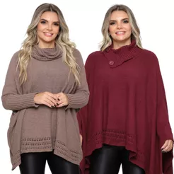 Kit 2 Ponchos Feminino Tricô Casual Inverno Casaco Punho Lã Liso