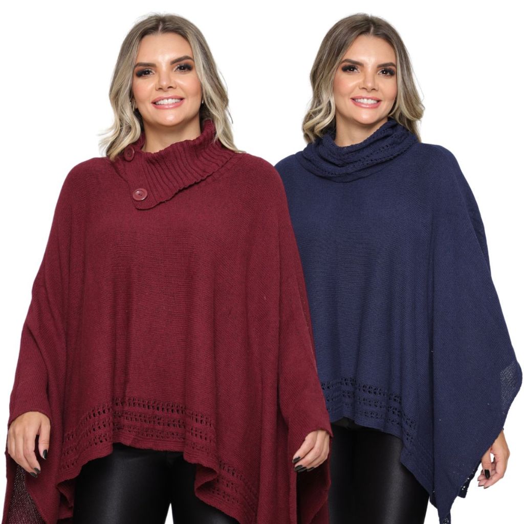 Kit 2 Poncho Feminino Tricô Casual Inverno Casaco Punho Tendência Lã Liso