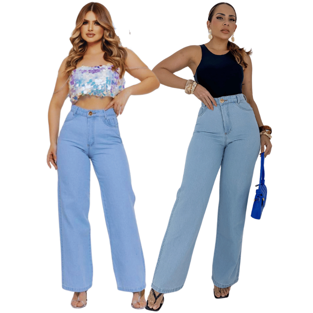Calça Jeans Feminina Pantalona Wide Leg Cintura Cós Alta Cristal Lisa Com Bolso Lateral Promoção