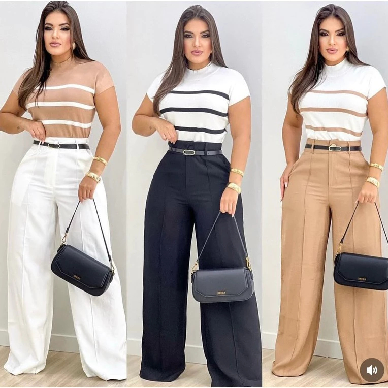 Kit 3 Pantalona Calça Alfaiataria Social Cintura Alta Com Cinto e Bolsos Moda Elegante Tendência Luxo Formal Premium em Oferta na Shopee