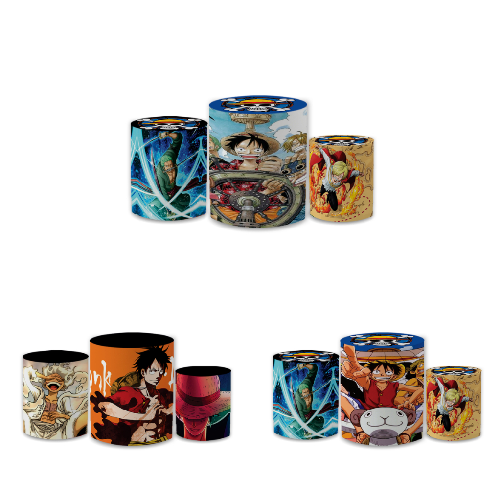 Kit Trio Capas de Cilindro de Festa Veste Fácil Sublimados Malha New Tema Anime Piranha One Piec Decoração Bibi Paineis