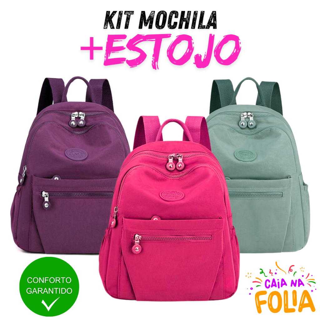 Kit Mochila + Estojo de Nylon Leve - Look de Moda Carnaval 2025 em Oferta na Shopee