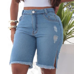 Bermuda Jorts Jeans Feminina com Rasgo Casual Confortável Estilo Despojado Tendência