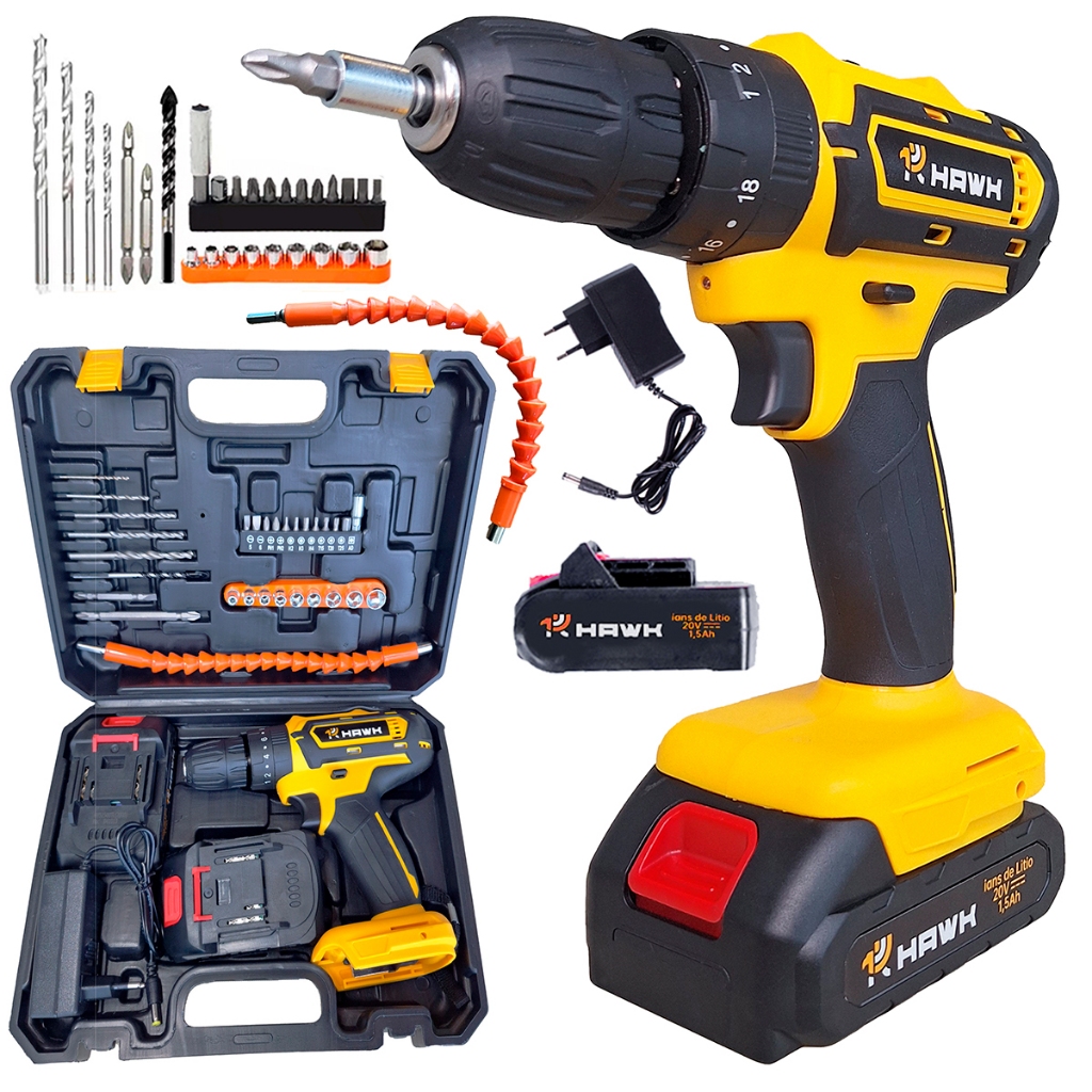 Parafusadeira 20V 1 ou 2 Bateria de Lítio 1.5Ah com maleta de acessórios HAWK em Oferta na Shopee