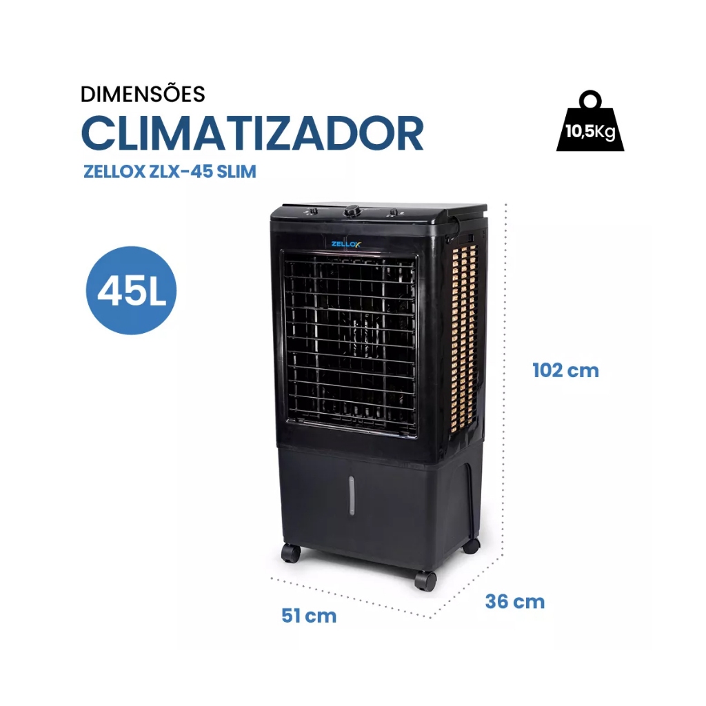 Detalhes do Climatizador Ar Portátil Zellox Zlx-45l 3 Velocidades 150W 110v ou 220v