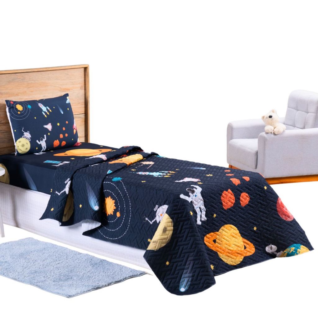 Colcha Cobre Leito Jogo Roupa Cama Solteiro 2 Pç Matelado Quarto Infantil Criança Astronauta Marinho