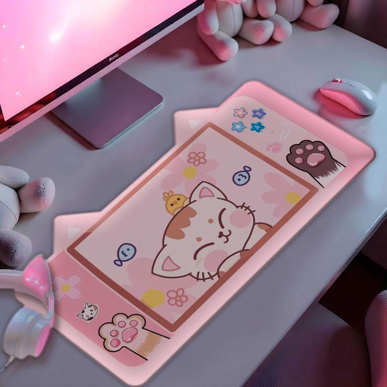 Mouse Pad/p Desktop 70X35cm Cute Cat com Orelhinhas e Borda Coturada Fofo Gatinho