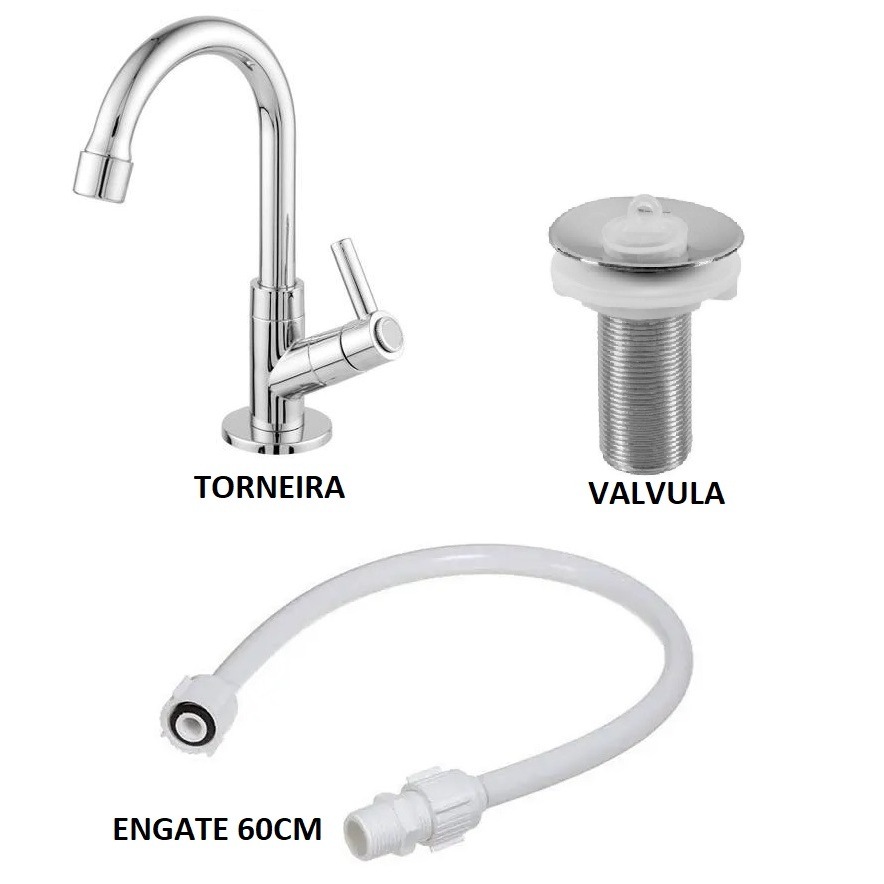 Kit Torneira Lavatorio ABS Banheiro Luxo Cromada + Valvula ABS Cromada + Engate PVC branco 60cm