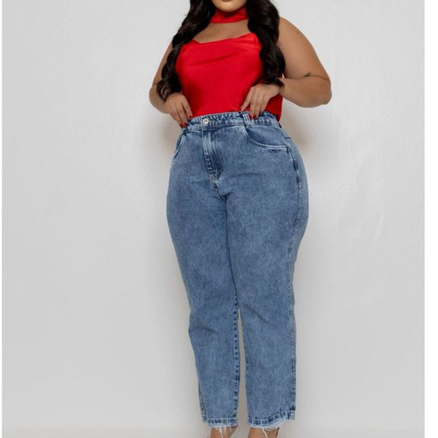 Calça Jeans Mom Feminino Plus Size Azul Marmorizado 100% algodão em Oferta na Shopee