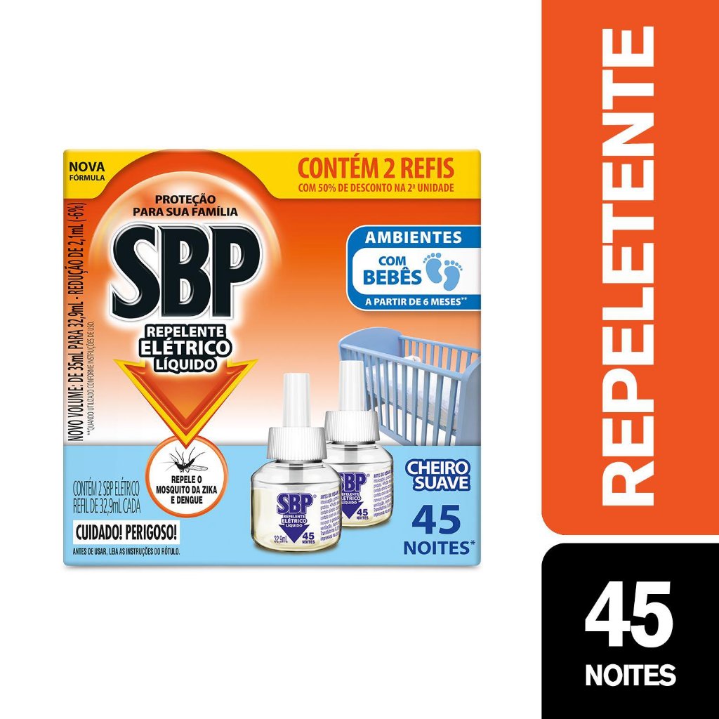 Repelente Elétrico Líquido SBP 45 Noites Cheiro Suave com 2 unidades de 32.9ml - Home & Living