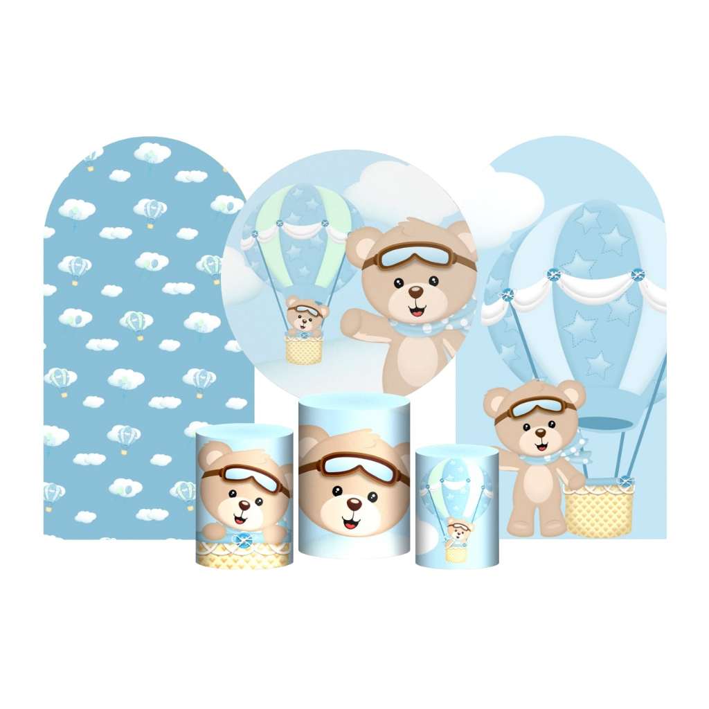 Kit Casado Ursinho Baloeiro  Painel Redondo Trio Capas Cilindro 2 Romano