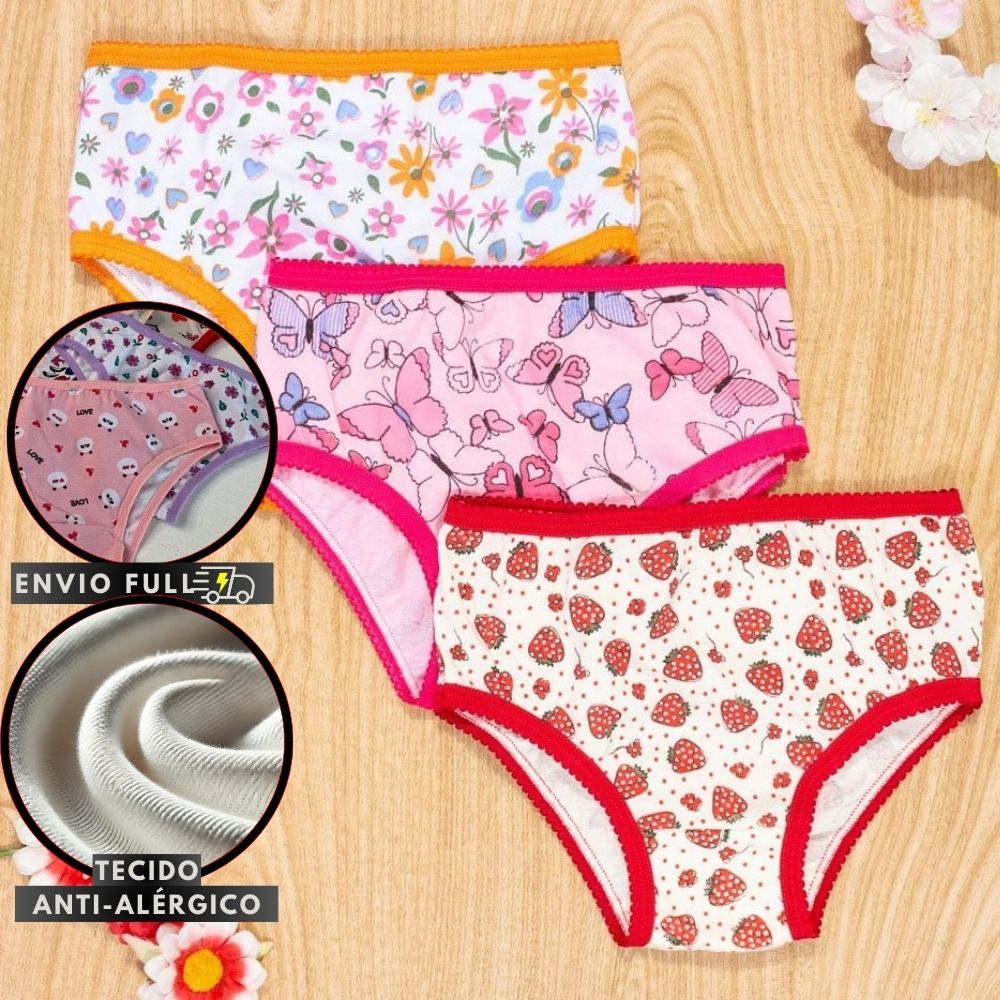 Kit 10 Calcinhas Juvenil 100% de Algodão Antialérgico Calcinha para Menina Criança Roupa Íntima