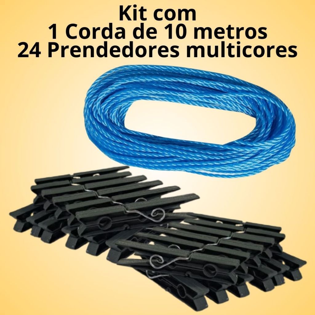 Kit 1 Corda Azul de Polietileno Trançada 2,5mm + 24 Prendedores de Plástico média Multicores