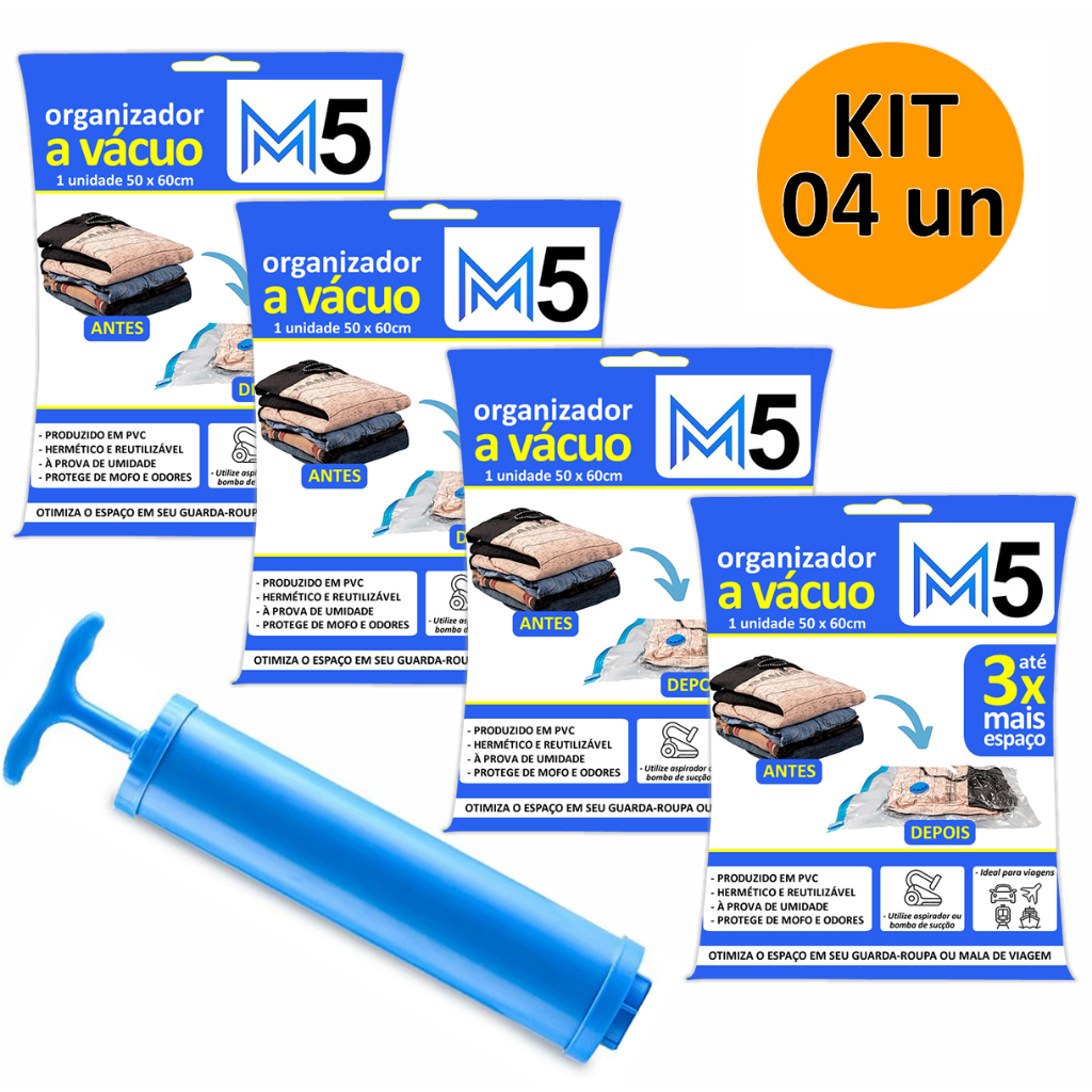 Kit 4 Saco a Vácuo 50x60cm Organizador Hermético para Mala de Viagem Guarda Roupa + Bomba
