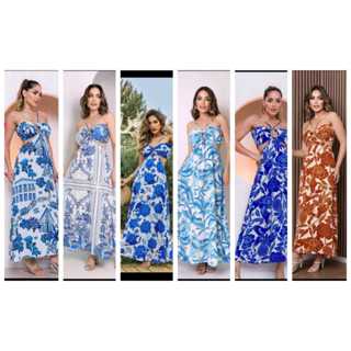 Vestido longo estampada longo alça com bojos vazado Novo Verao Moda em Oferta na Shopee