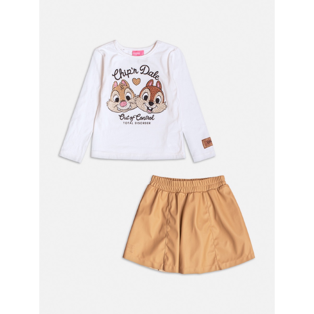 CONJUNTO BLUSA MANGA LONGA TICO E TECO COM STRASS E SAIA EM COURO CARAMELO MOMI