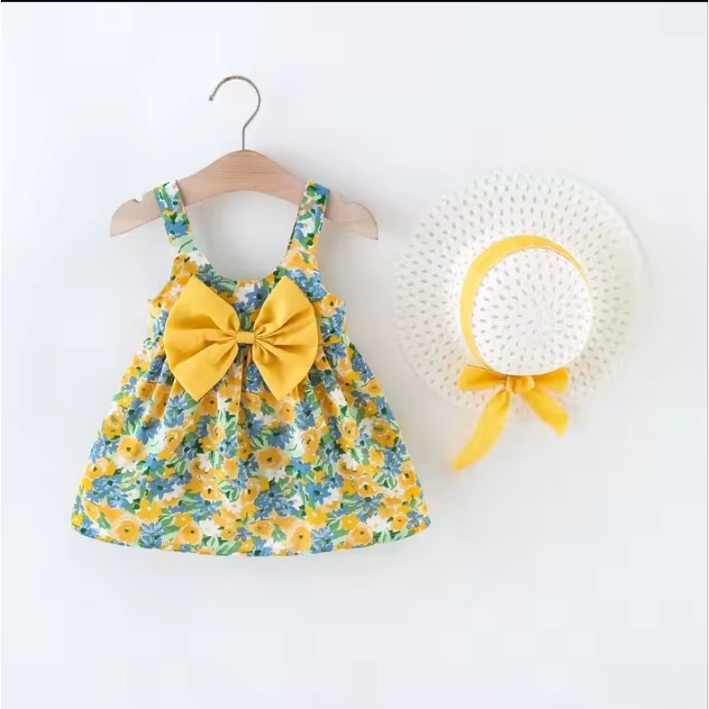 Conjunto Infantil menina Vestido Floral charmoso com Laço + Chapéu estiloso estampa floral Amarelo Feminino