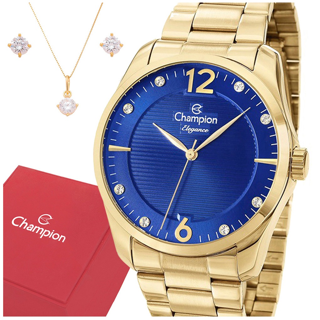 Relógio Champion Feminino Dourado Azul Prova d'água com 1 ano de garantia e colar e brincos