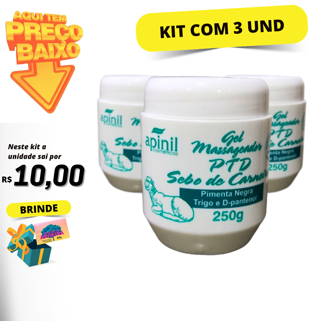 Kit com 3 Gel Massageador PTD Sebo de Carneiro Apinil 250g