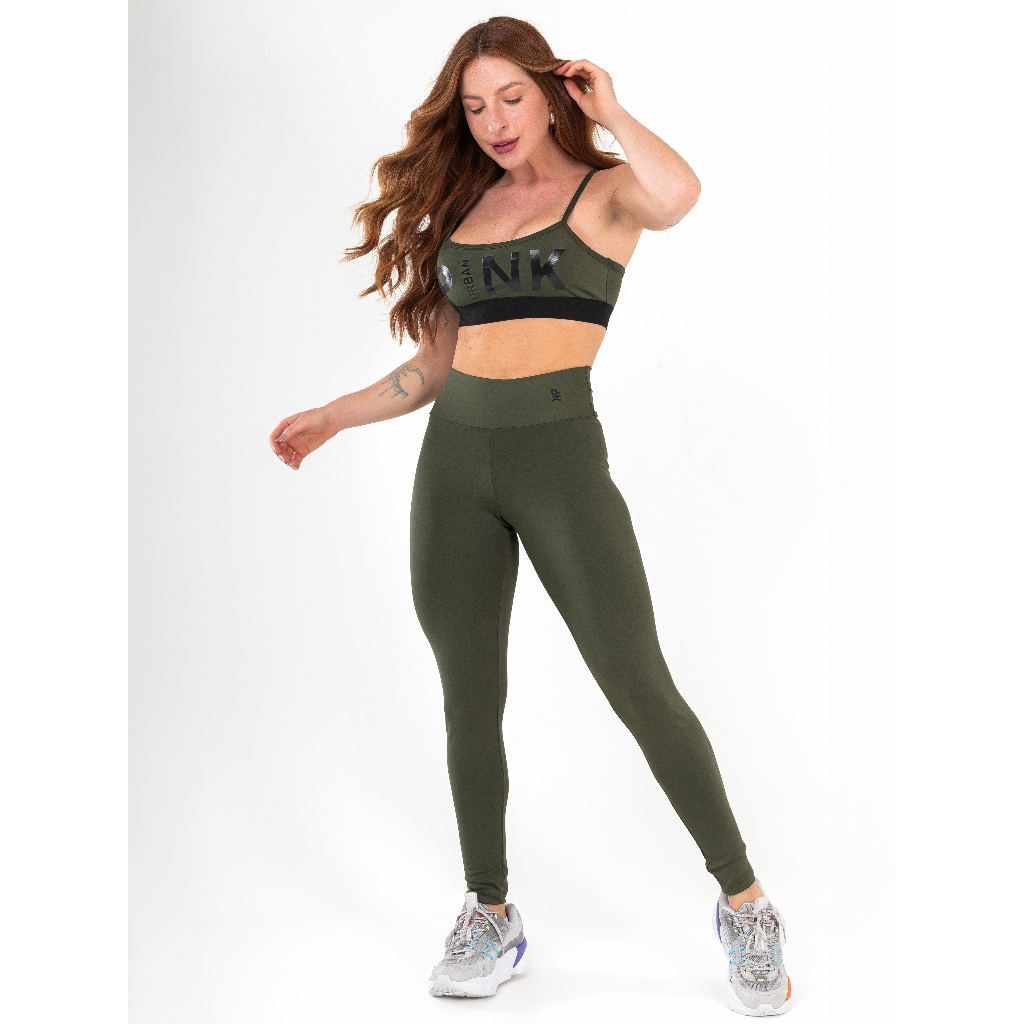 Conjunto Academia Top e Calça Legging Fitness Pink Urban Verde Militar Poliamida Feminino