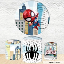 Kit de Capas Painel Redondo Sublimado Homem Aranha 1,50M + Trio Capas de Cilindro C/Elástico
