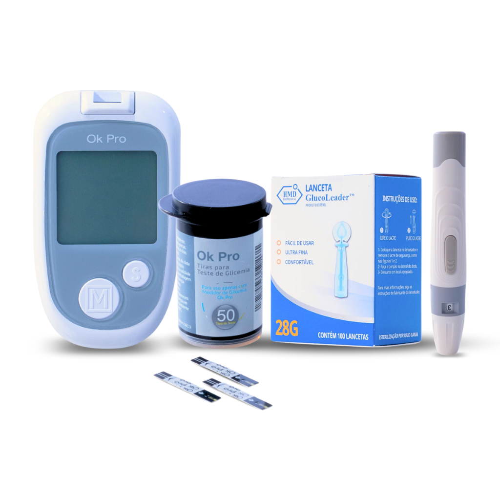 Aparelho Medidor de Diabetes Digital Ok Pro + Frasco Tiras + Caneta + 100 lancetas