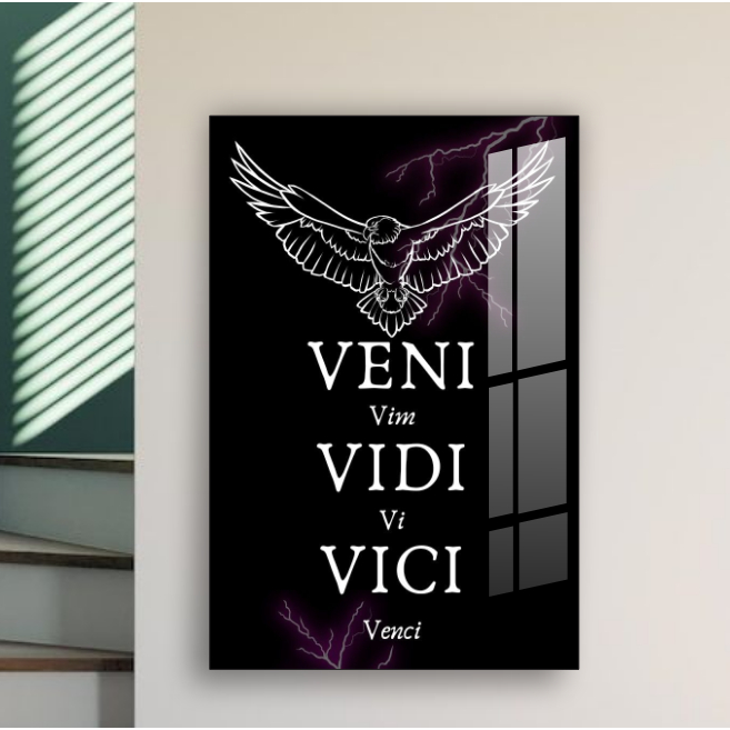 Quadro decorativo veni vidi vici aguia raios tons roxo sala quarto hall