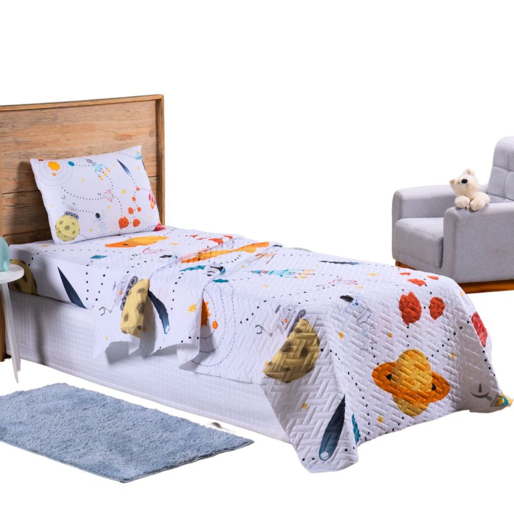Colcha Cobre Leito Jogo Roupa Cama Solteiro 2 Pçs Matelado Quarto Criança Astronauta Branco Macio