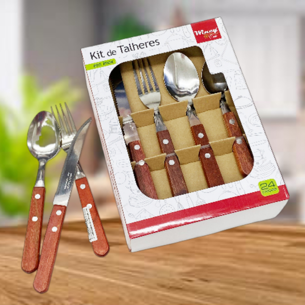 Jogo De Talher Faqueiro Madeira E Inox Com 25 Peças-  Wincy