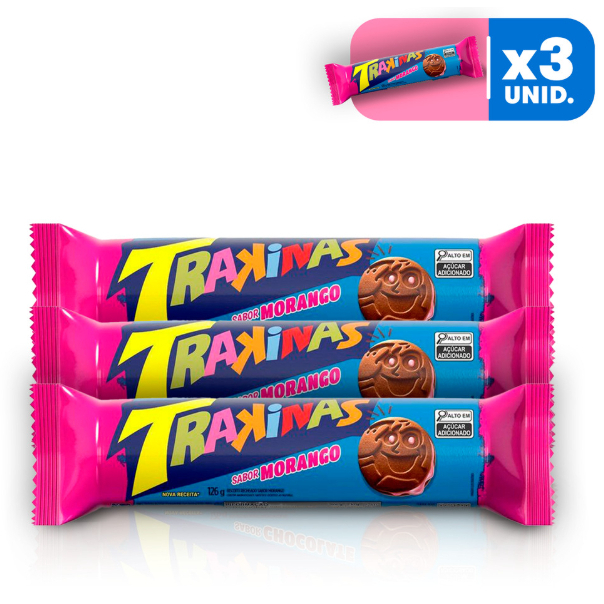 Kit 3x Biscoito recheado Trakinas morango 126g