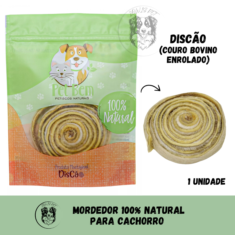 Mordedor 100% Natural para Cães - DisCão Couro Bovino Desidratado Enrolado Pet Bem