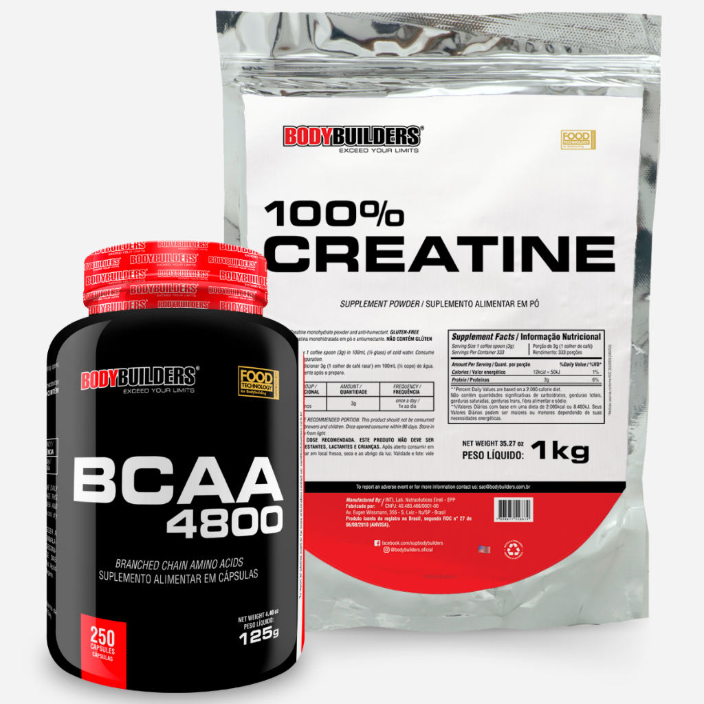 Bodybuilders 100% Creatina 1kg + BCAA 4800 250 Cáps - Performance em treino e Recuperação muscular