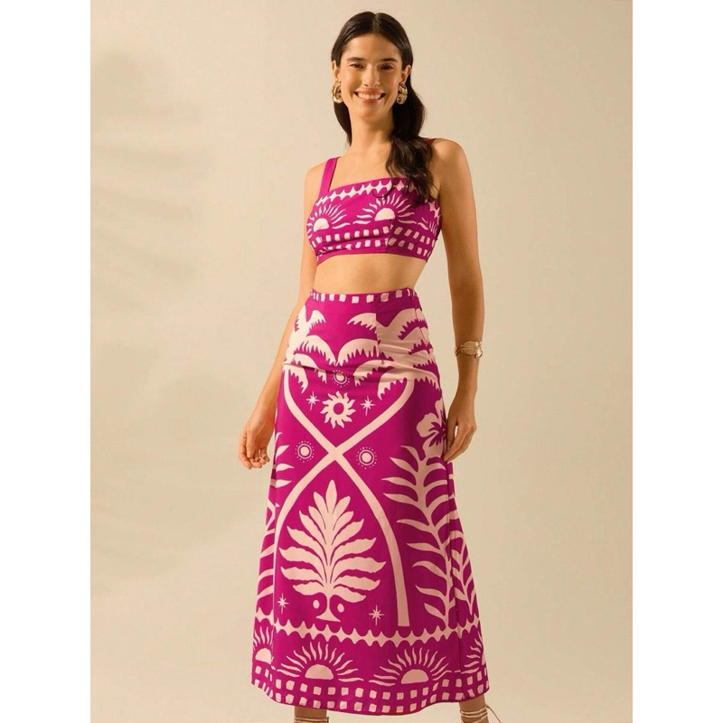 CONJUNTO 2 Peças Conjunto Casual Boho Tropical Composto por Regata Cropped com Estampa de Árvore de Coco e Sol em Oferta na Shopee