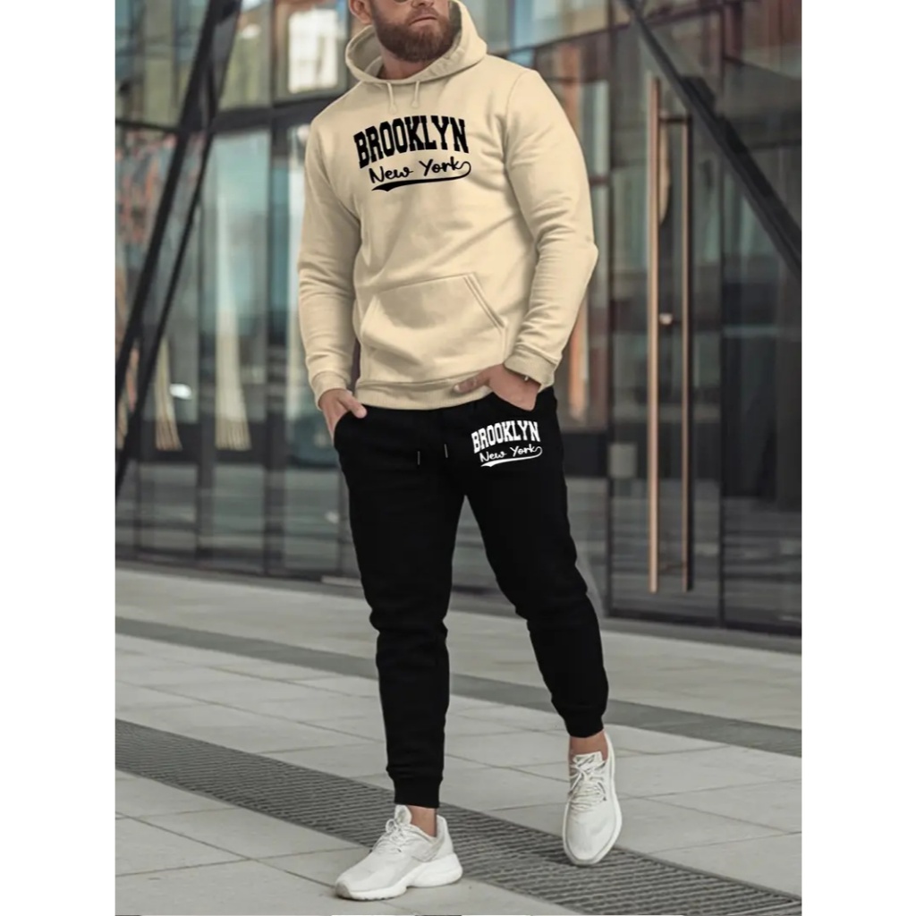 Conjunto Moleton Masculino Flanelado Calça + Blusa Estampa Brooklyn New York Blusa Gorro + Calça Casual