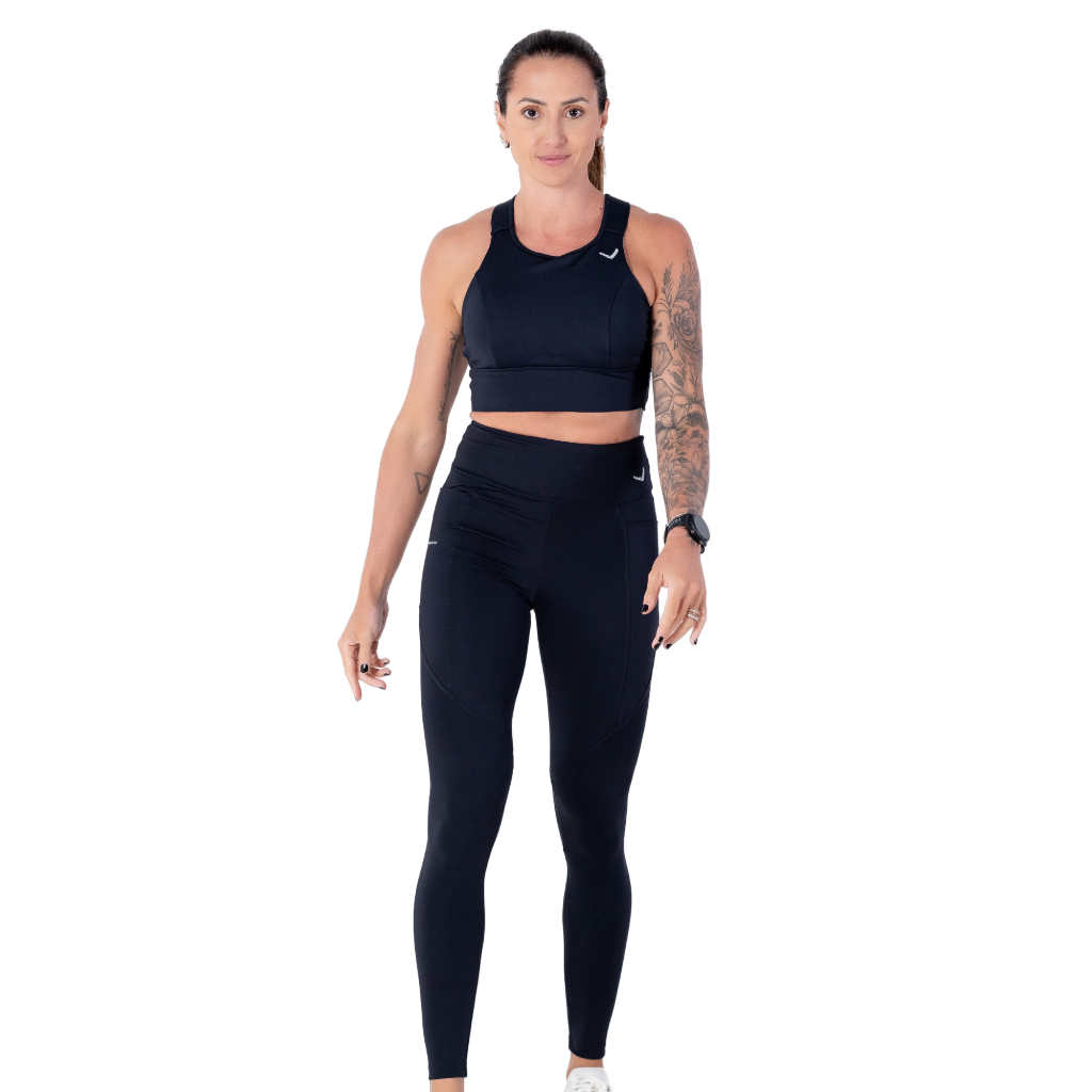 Calça Legging Feminina Fitness Bolsos Corrida Academia Treino Caminhada Proteção Uv50 Indrills Preto