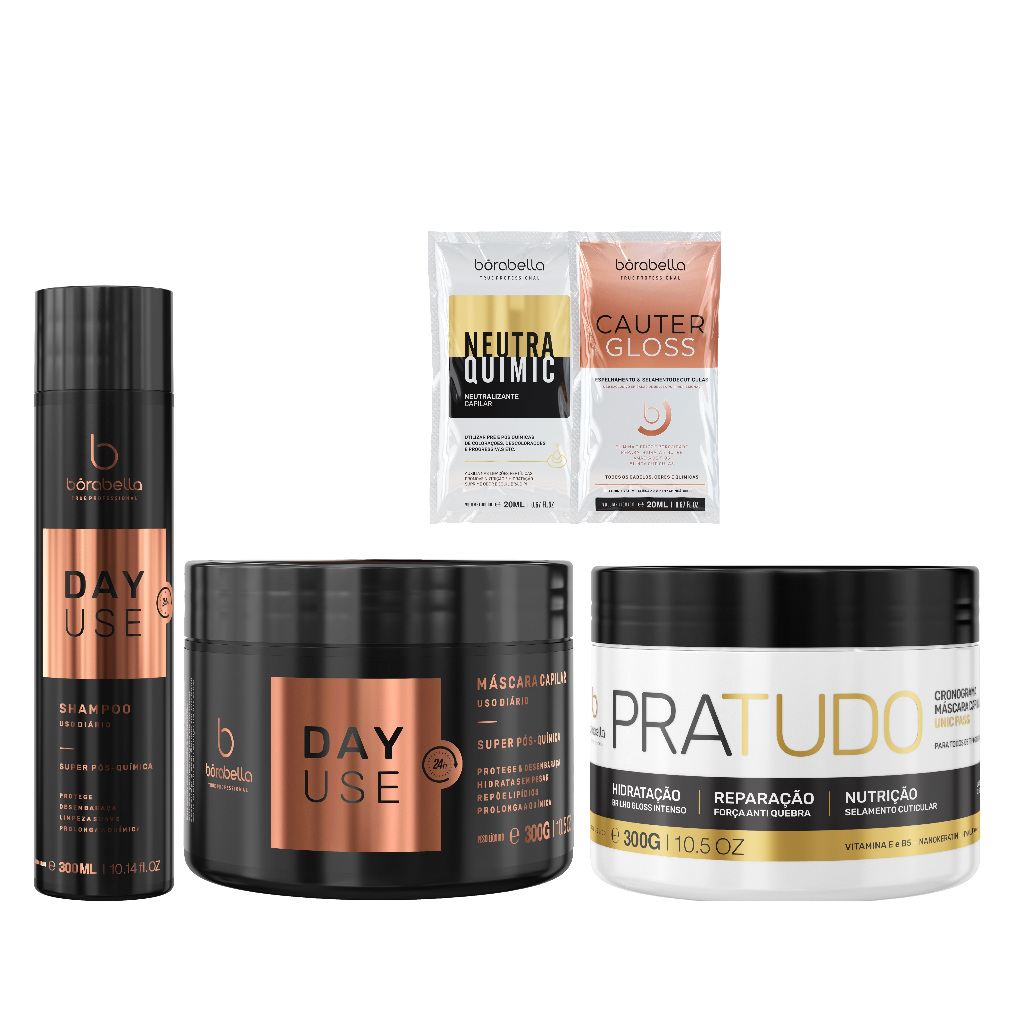 Mascara Capilar Pratudo Borabella + Kit Pos Quimica Day Use 2x300g + Kit Sache Cautergloss Neutra