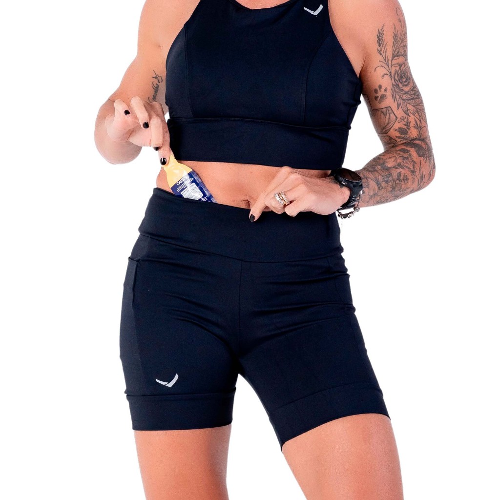 Short Feminino Indrills de compressão c/ quatro Bolsos Para Corrida Caminhada Academia Running Preto