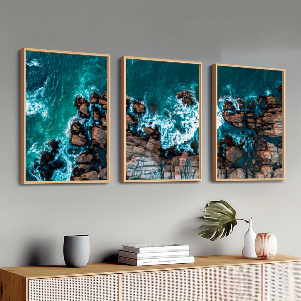 Quadros Decorativos Moderno Luxuoso Grande Pedras Mar Moldura De Madeira