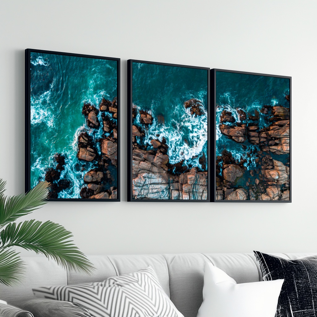 Quadros Decorativos Moderno Luxuoso Grande Pedras Mar Moldura De Madeira — imagem 2 de 2