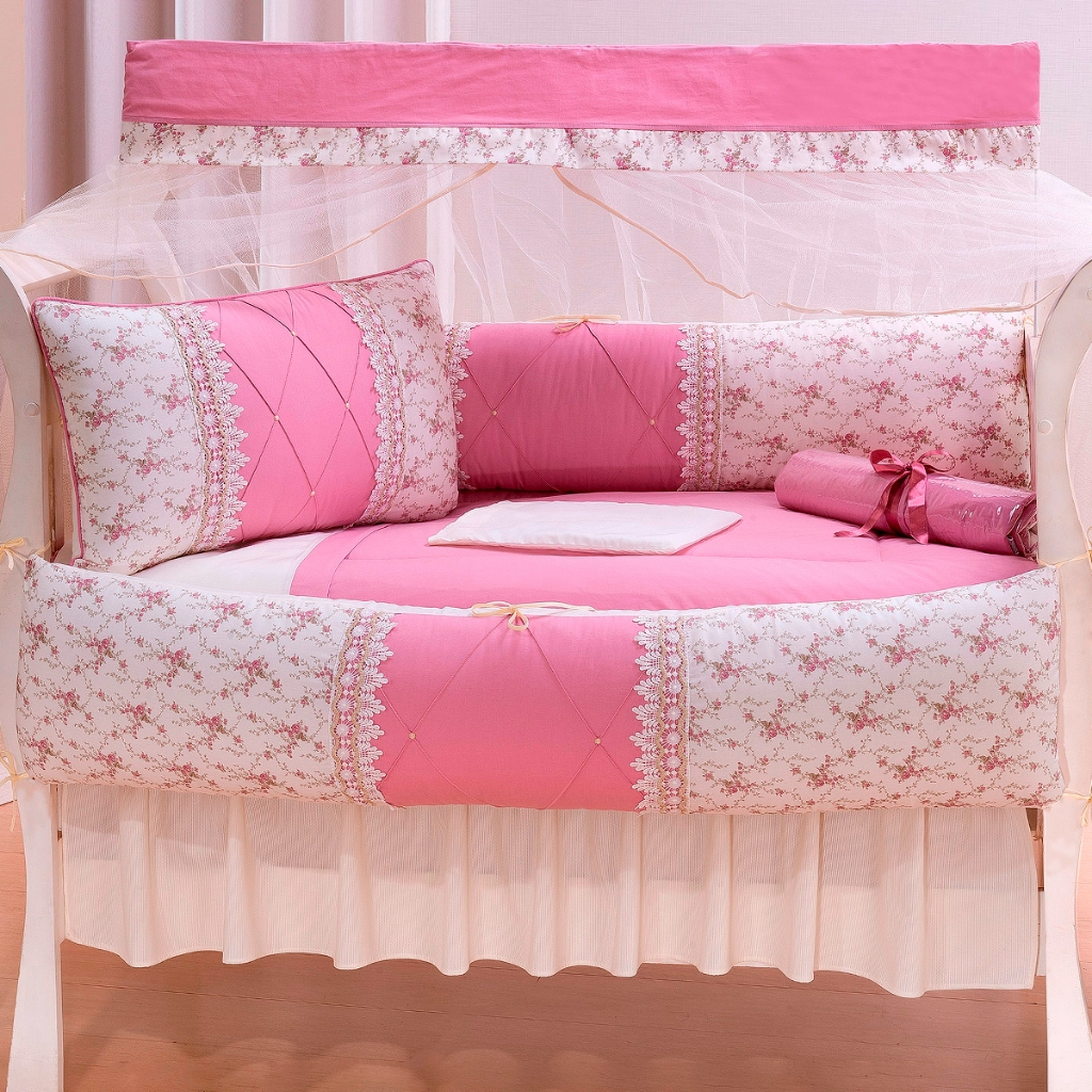 kit berço algodão para menina rosa rose floral com detalhes bordado 10 peças c/ saia de berço brinde