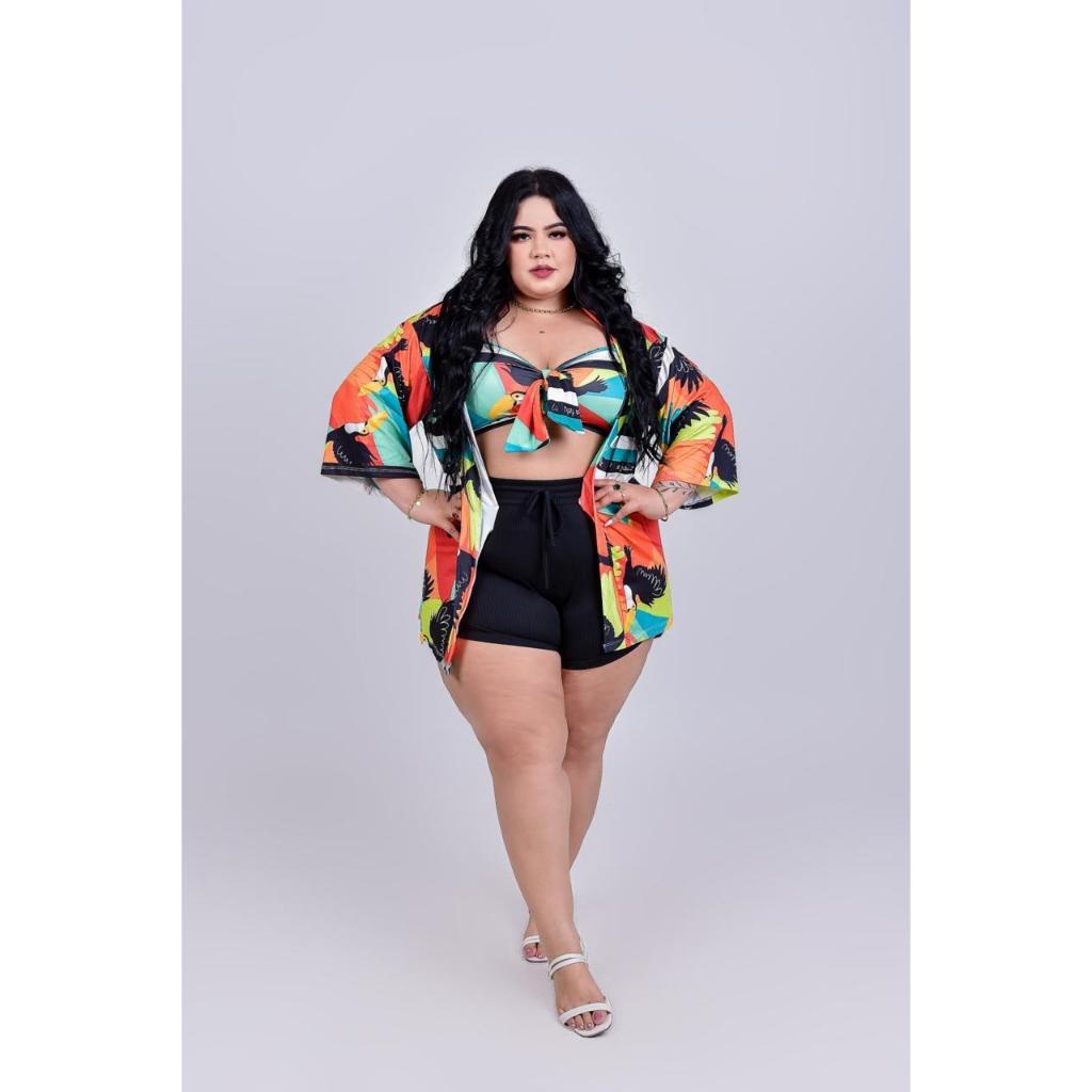 Conjunto  Kimono Estampado + Top Faixa com nó/Amarração Plus Size