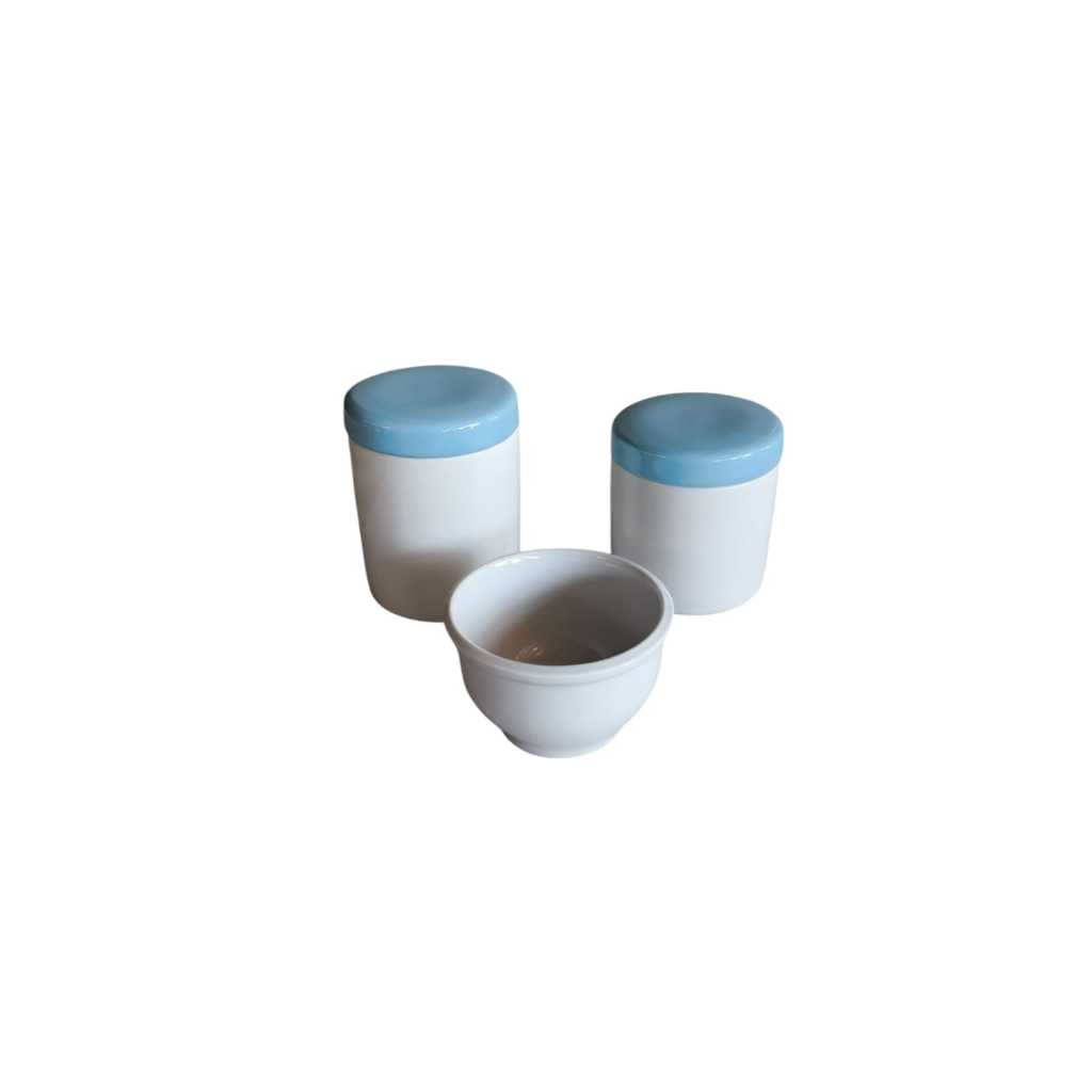 Kit Higiene bebê porcelana potes com tampa azul menino maternidade porta algodão cotonete molhadeira 3 peças