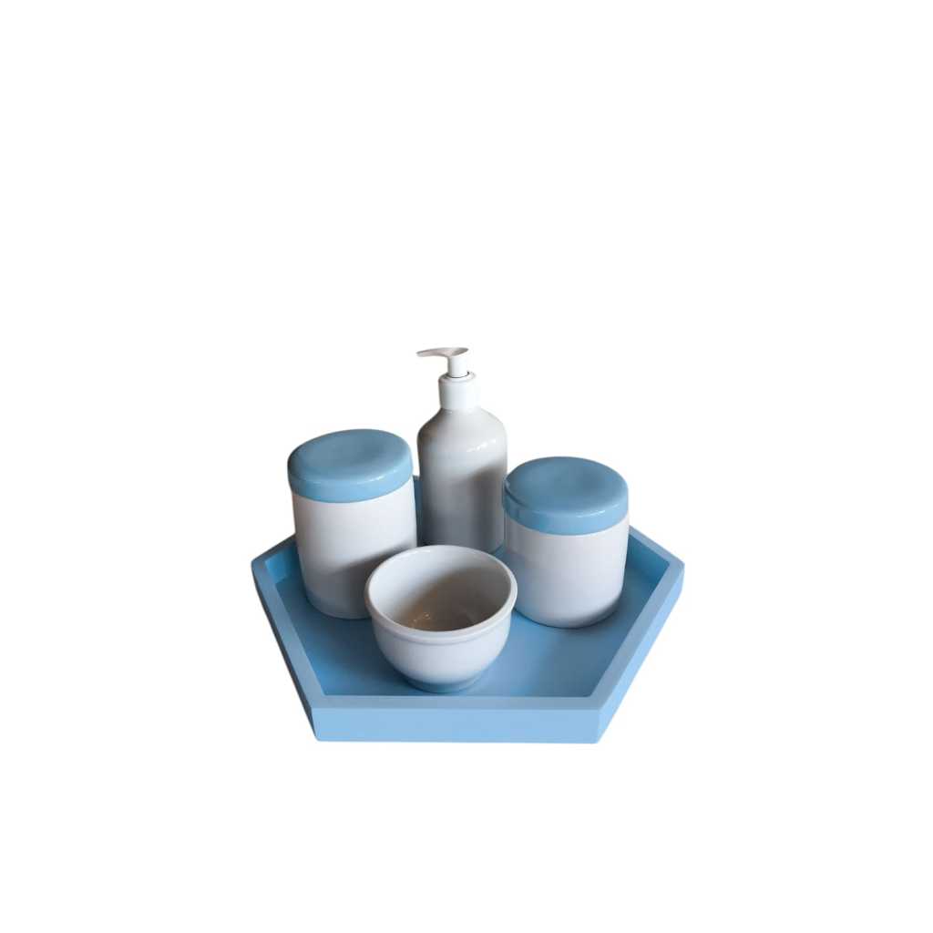 Kit Higiene bebê porcelana menino tampa e bandeja sextavada azul saboneteira liquida potes porta algodão cotonete