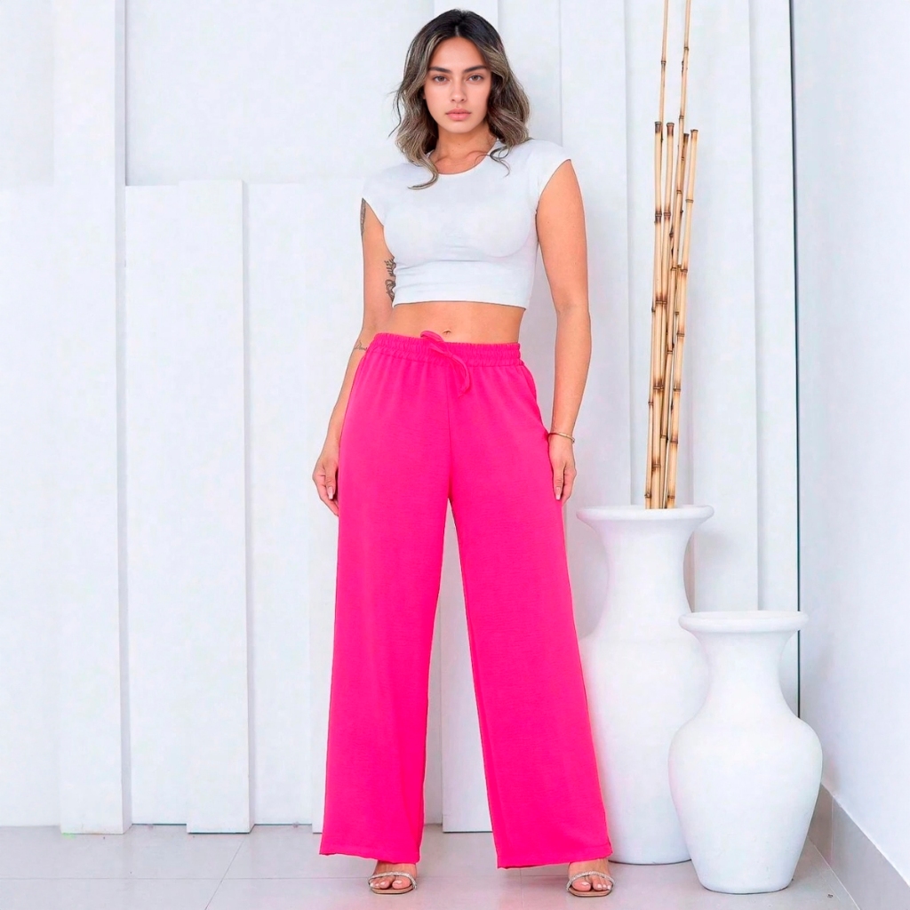 Calça Pantalona Lastex Cos Largo Feminina Cintura Alta Viscolinho moda verão tendência