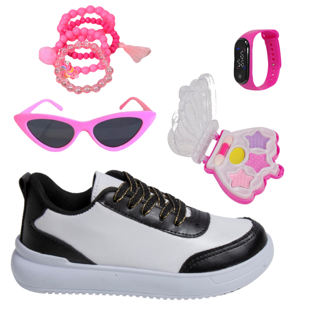 Tênis Casual Infantil Feminino Jogging Meninas Escolar Passeio + Óculos Pulseira Relógio Paleta