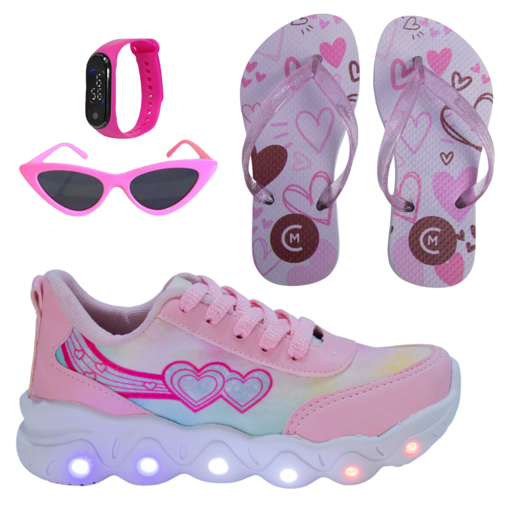 Tênis Led Infantil Feminino Estrela Coração Rosa Escolar Passeio Meninas + Chinelo Óculos Relógio