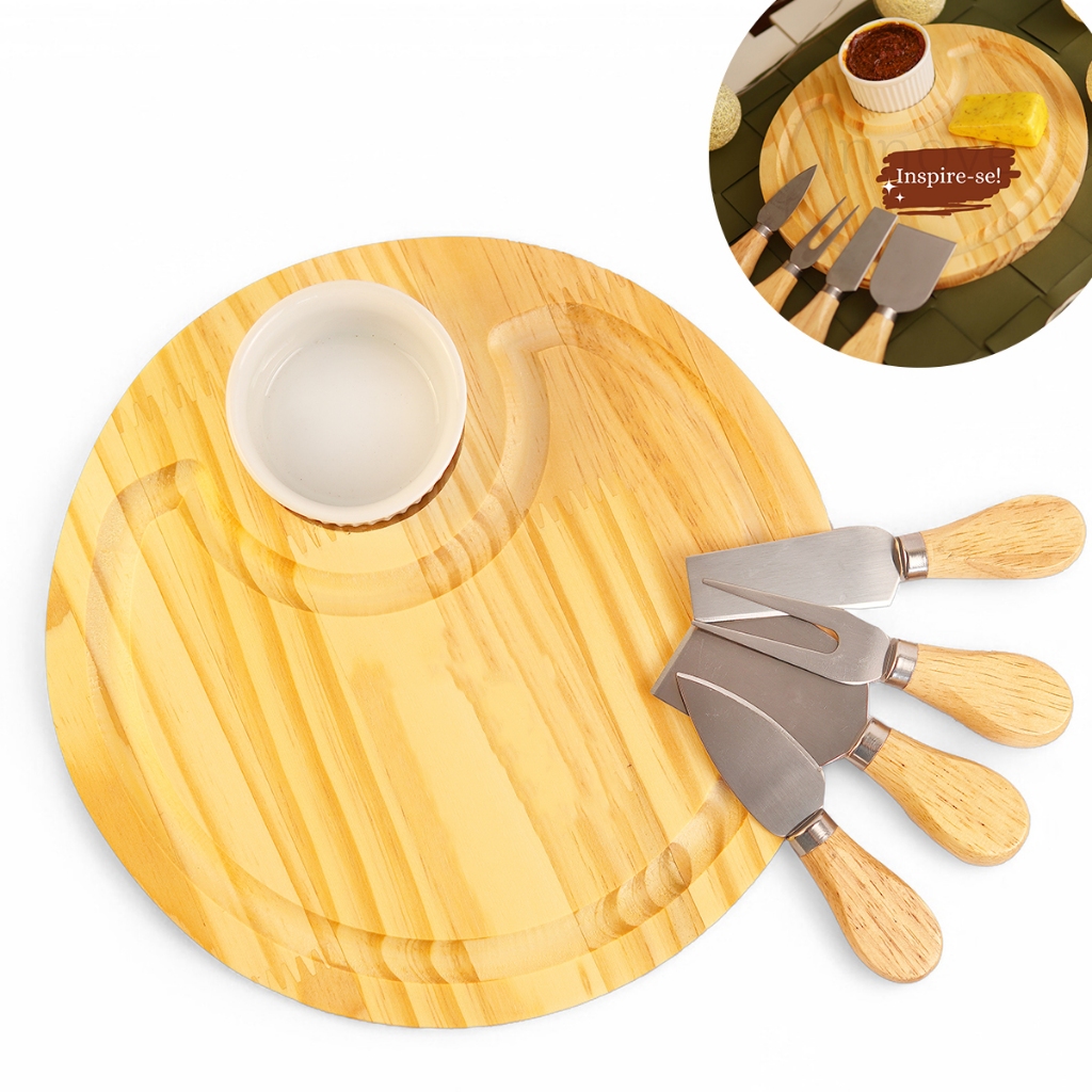 Kit Conjunto Tábua para Servir Queijo Petiscos Vinho com 4 Espátulas e Ramequim Porcelana Mesa Posta