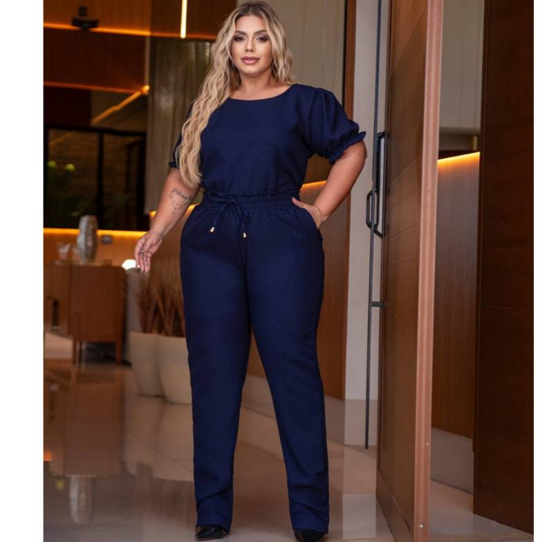 Conjunto Feminino Casual Sofisticado De Blusa Calça Plus Size em Linho De Algodão Cores Verão 2025 Roupa Feminina Chique