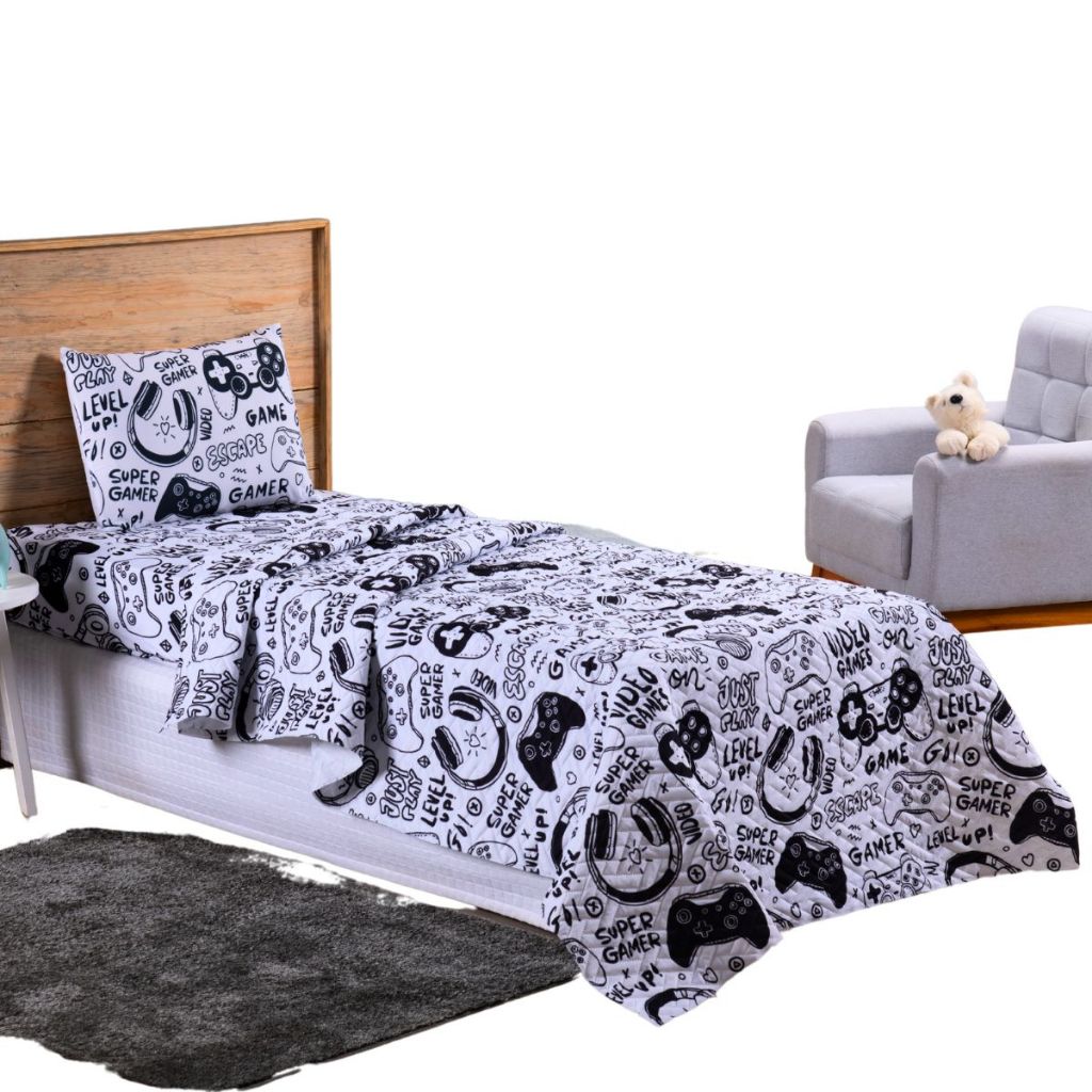 Colcha Cobre Leito Jogo Roupa Cama Solteiro 2 Pçs Matelado Macio Quarto Menino Gamer Preto Branco